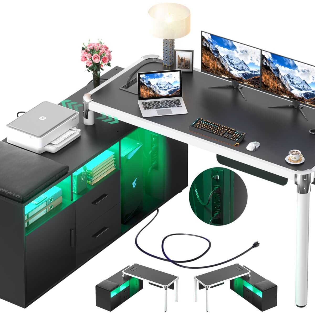 L Shaped Desk with File Cabinet and Power Strip