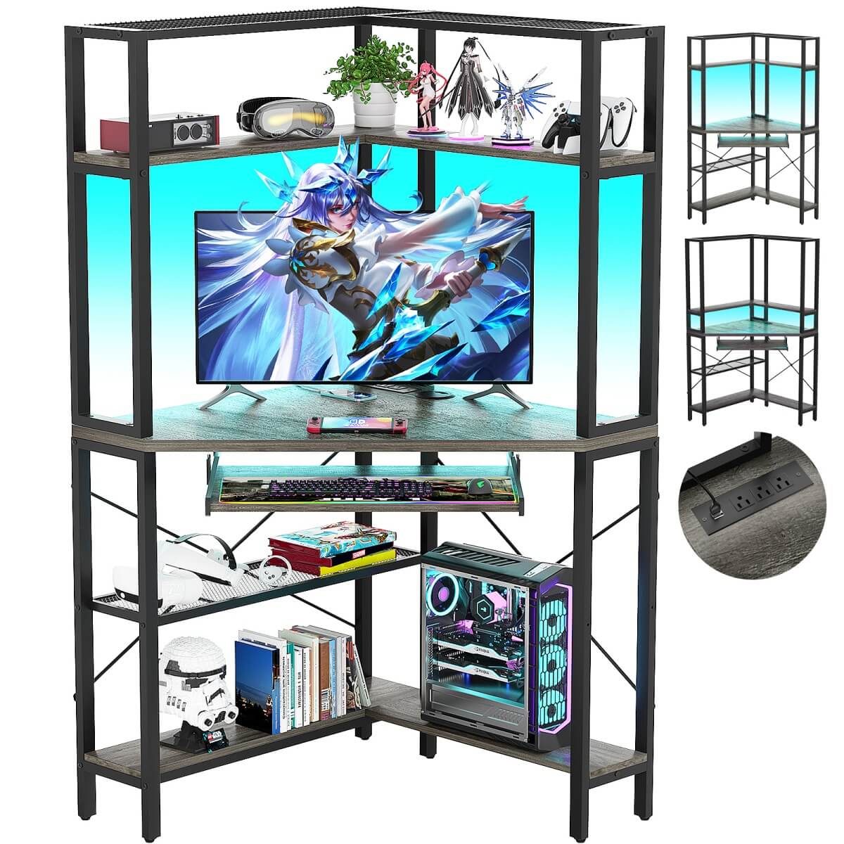 Corner Computer Desk with Power Outlets & LED Light