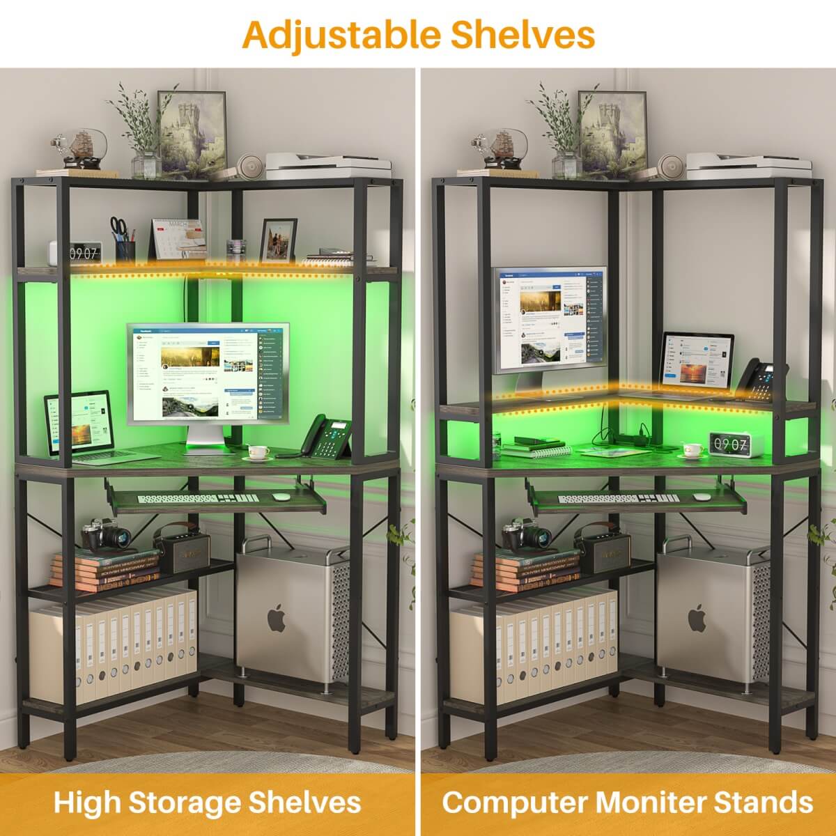 Corner Computer Desk with Power Outlets & LED Light
