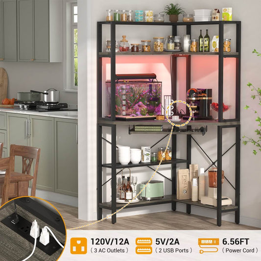 Corner Computer Desk with Power Outlets & LED Light