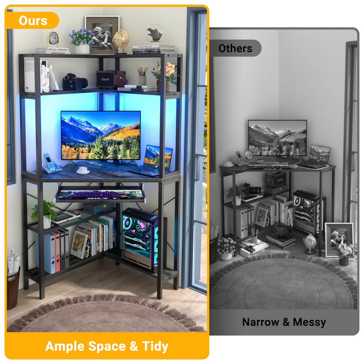 Corner Computer Desk with Power Outlets & LED Light