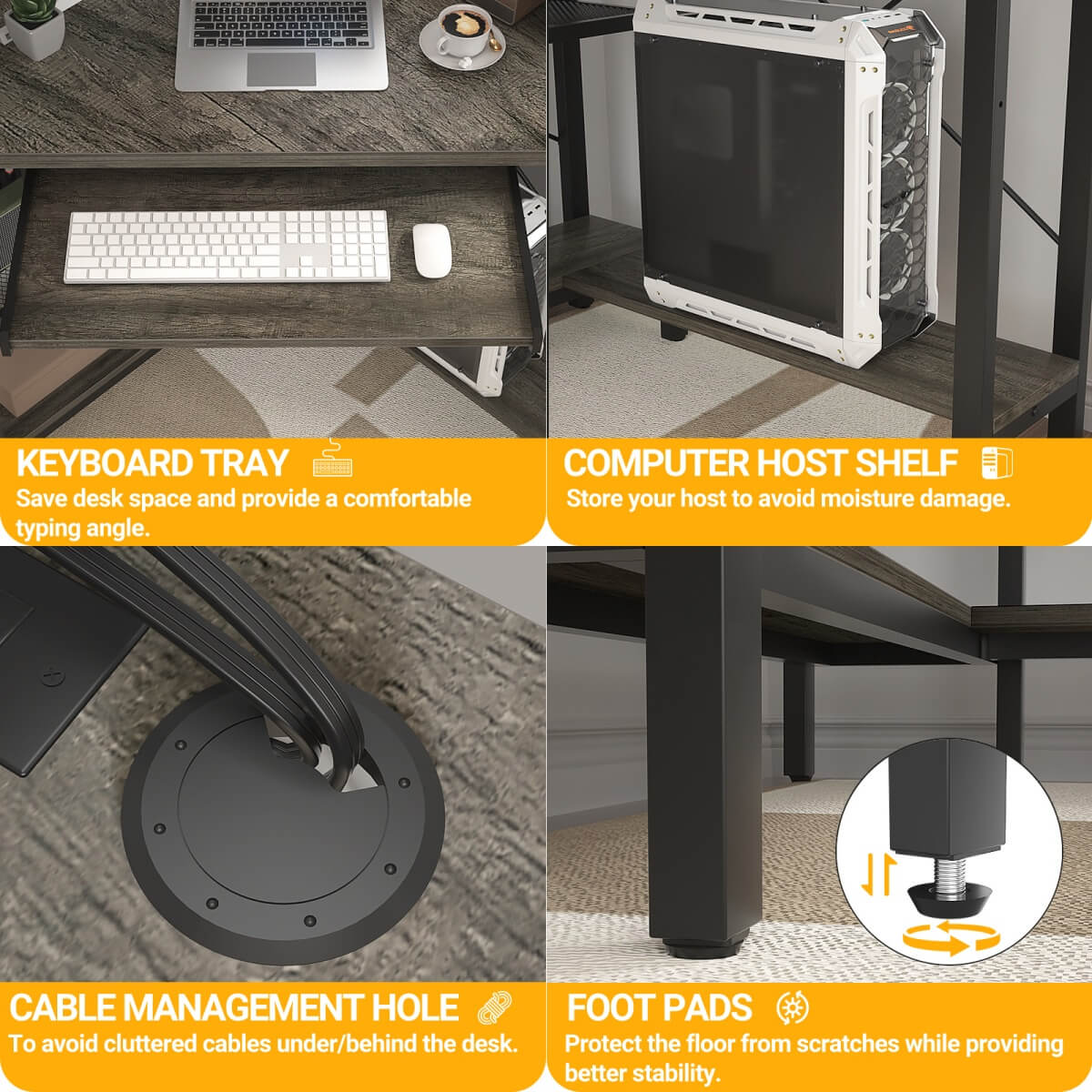 Corner Computer Desk with Power Outlets & LED Light
