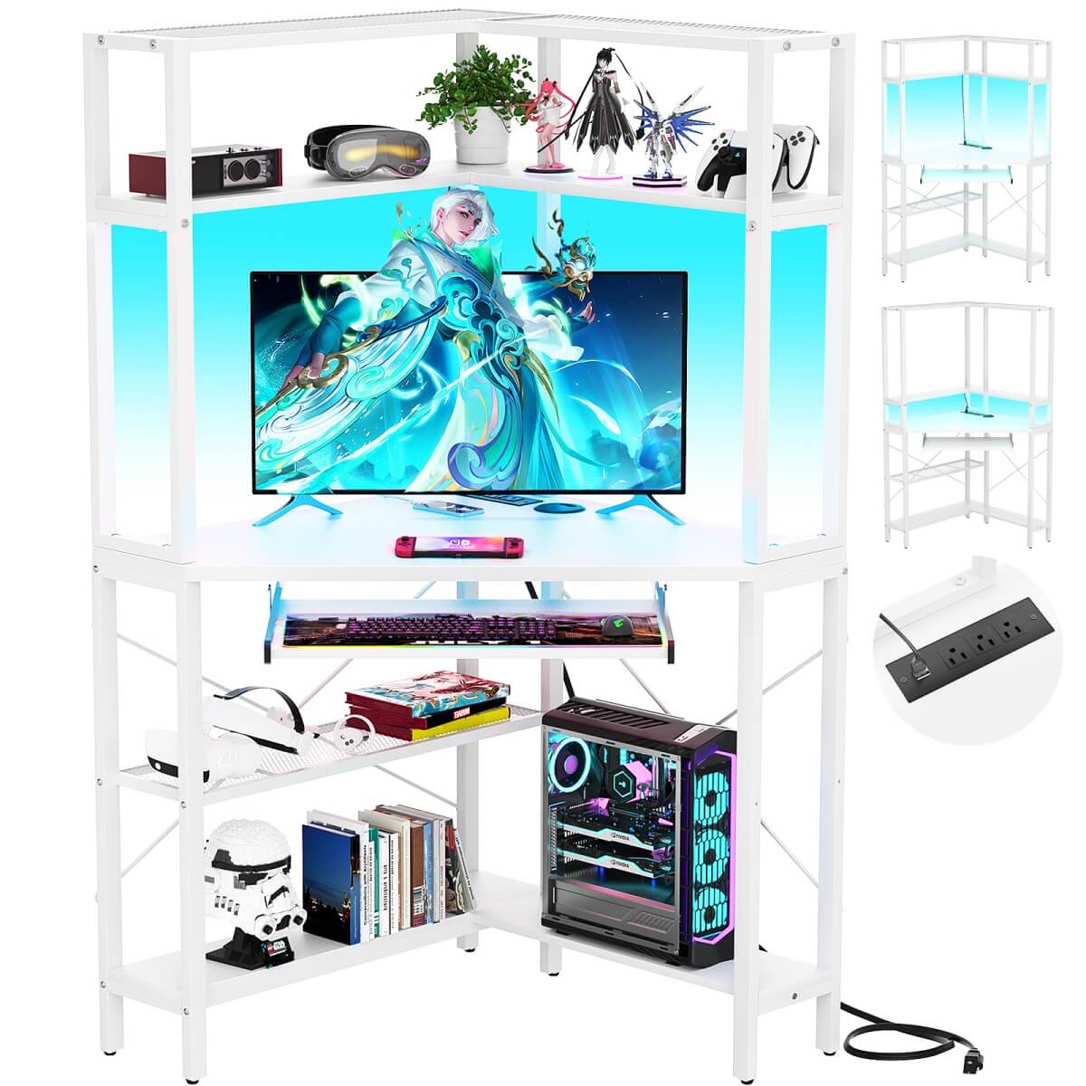 Corner Computer Desk with Power Outlets & LED Light
