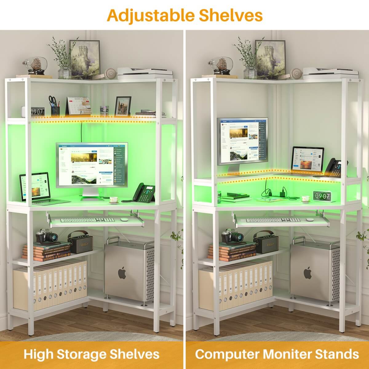 Corner Computer Desk with Power Outlets & LED Light