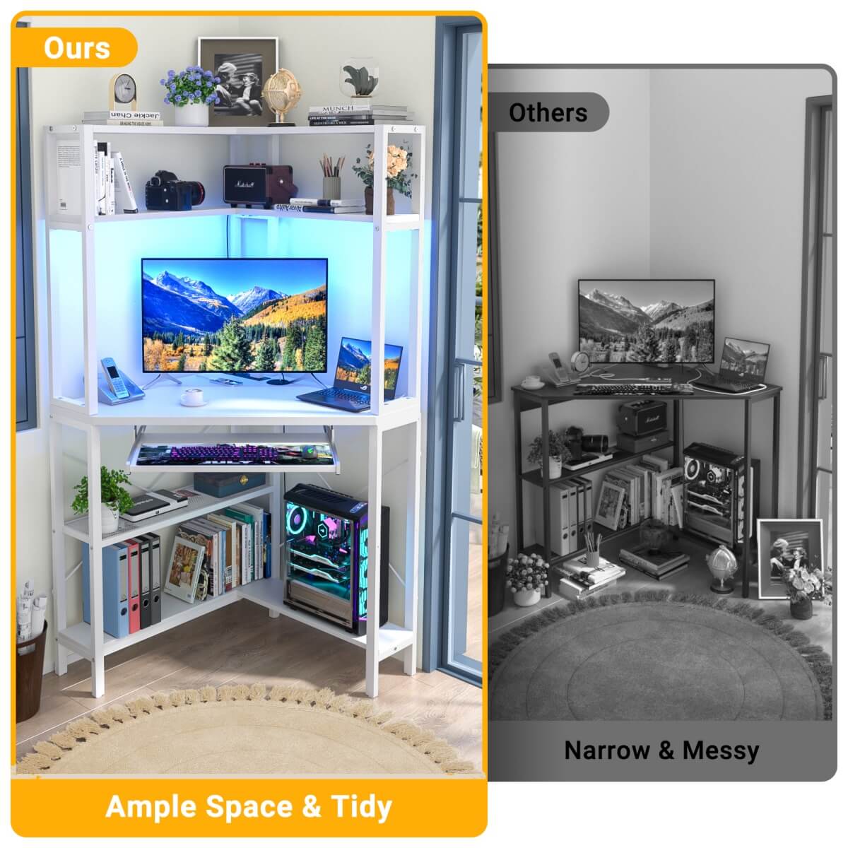 Corner Computer Desk with Power Outlets & LED Light