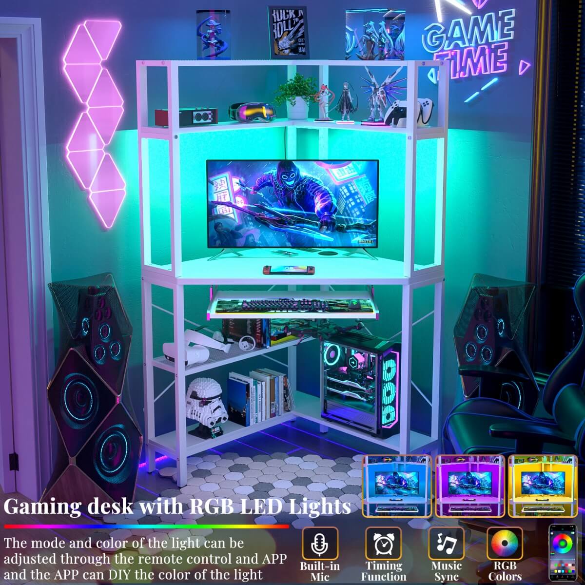 Corner Computer Desk with Power Outlets & LED Light