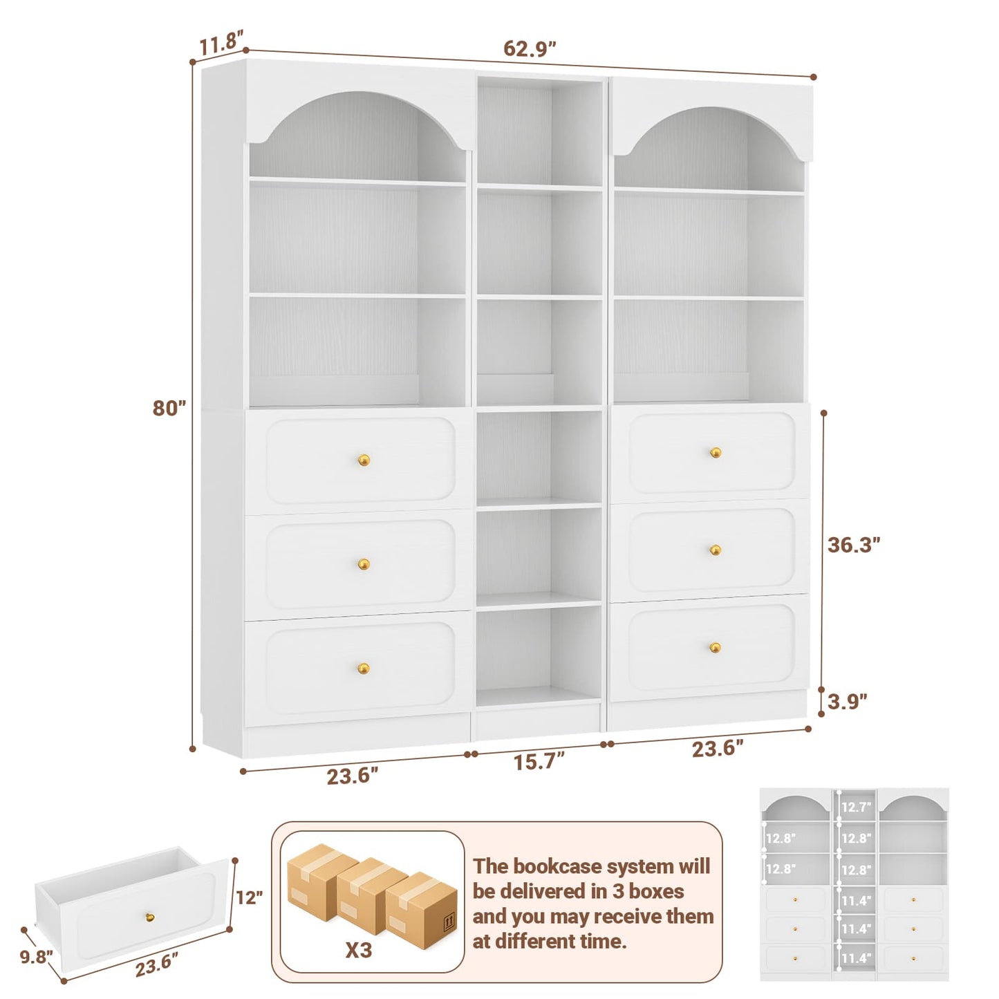 80" Tall Bookshelf System with 6 Drawers, Arched Corner Bookcase with 12-Tier Open Shelves