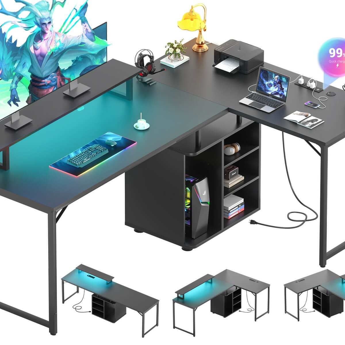 58 Inch Reversible L Shaped Gaming Desk with LED Strip & Adjustable Monitor Stand