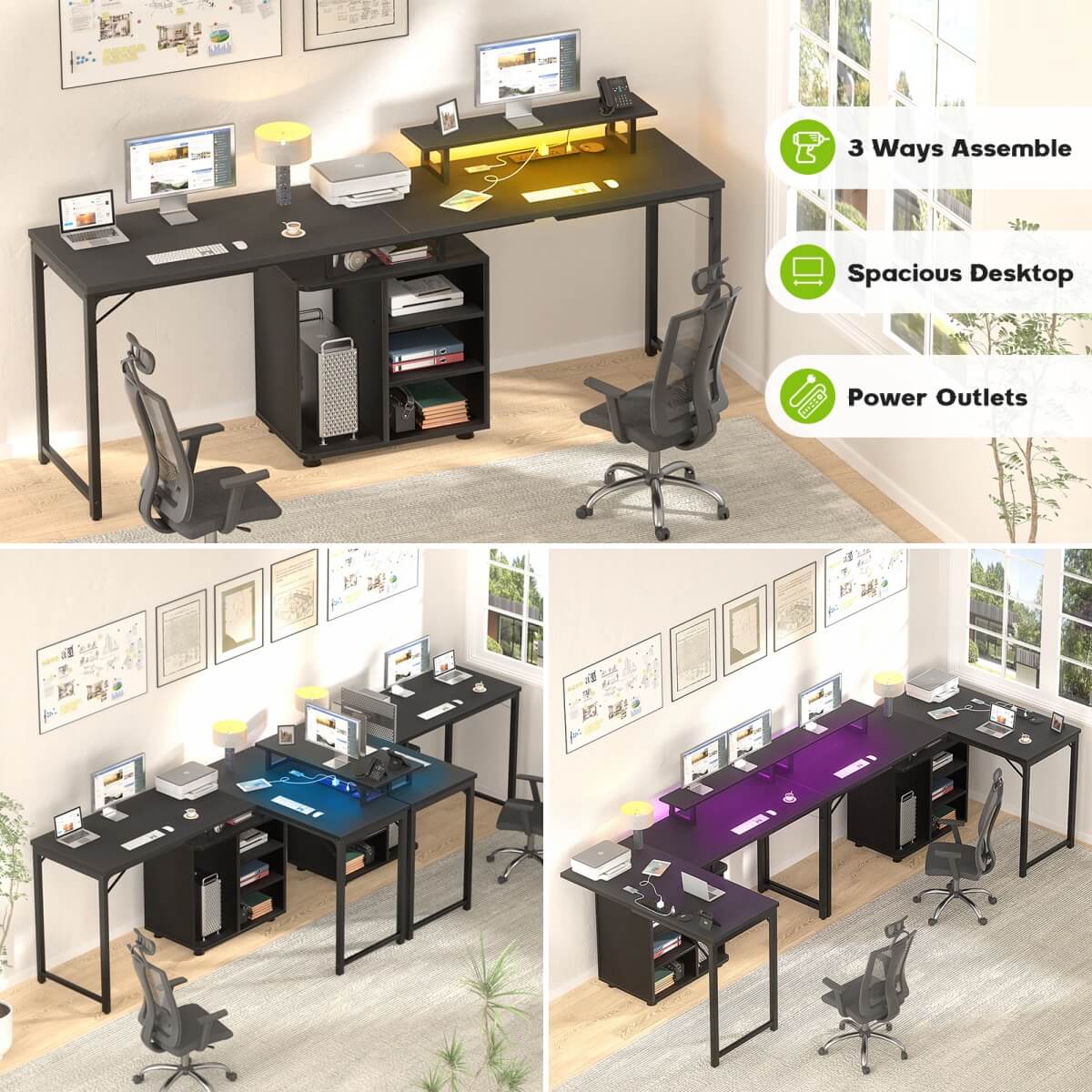 58 Inch Reversible L Shaped Gaming Desk with LED Strip & Adjustable Monitor Stand