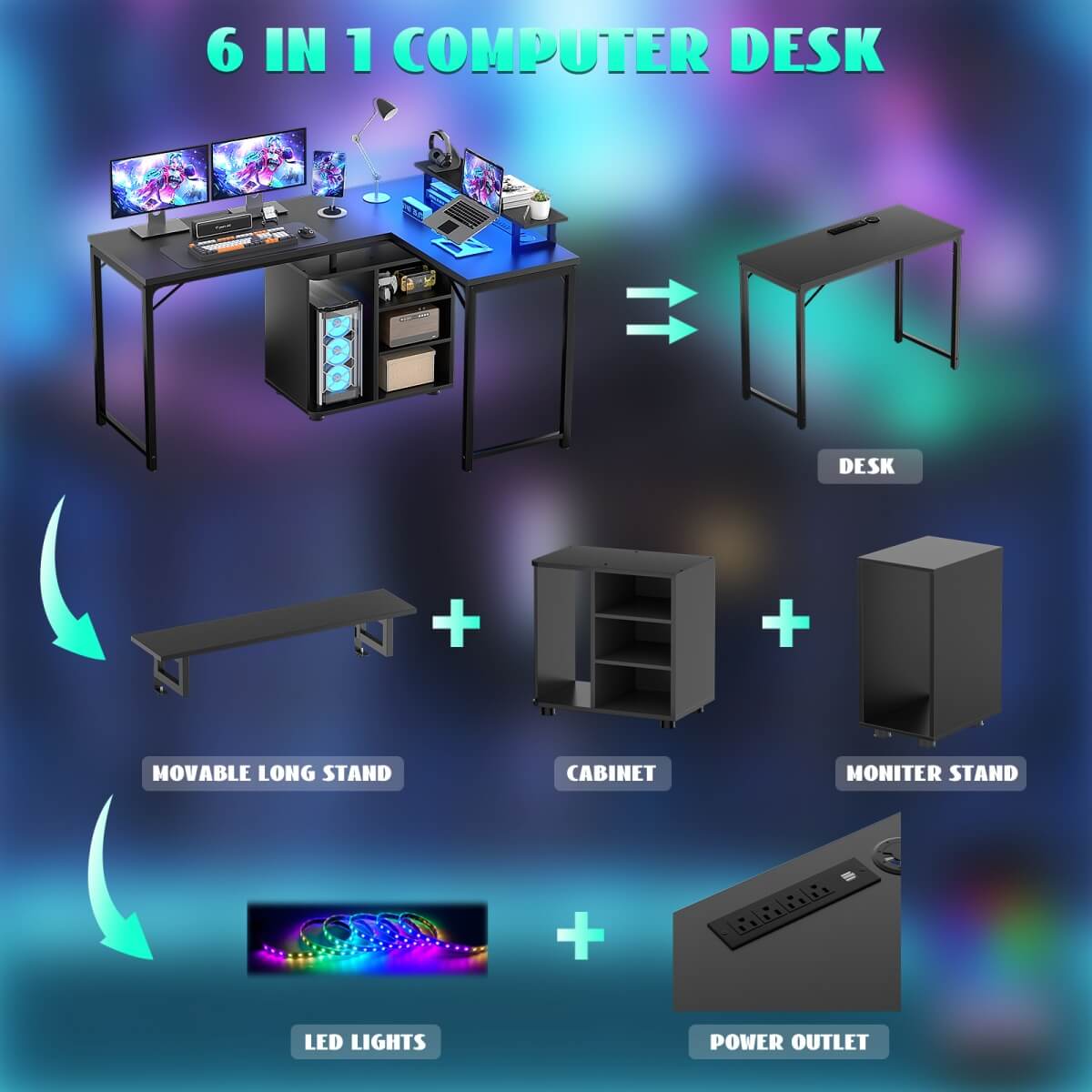 58 Inch Reversible L Shaped Gaming Desk with LED Strip & Adjustable Monitor Stand