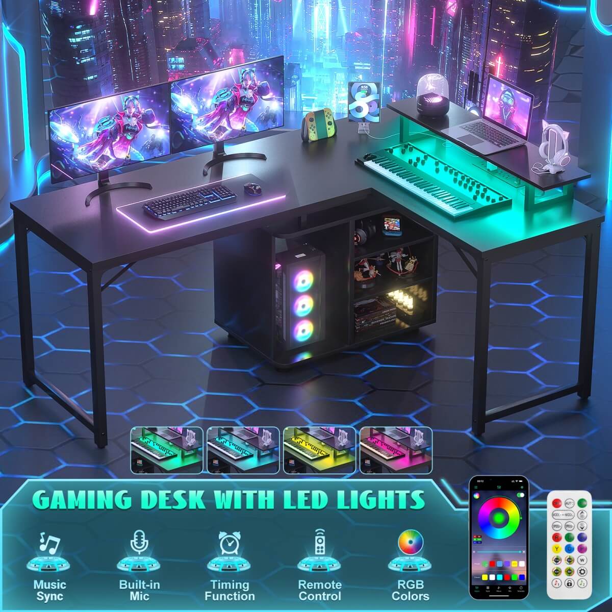 58 Inch Reversible L Shaped Gaming Desk with LED Strip & Adjustable Monitor Stand
