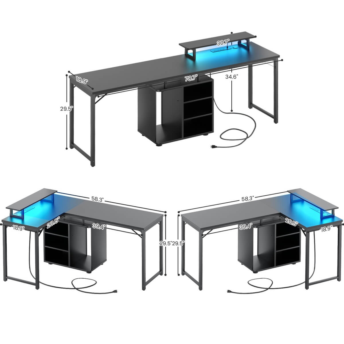 58 Inch Reversible L Shaped Gaming Desk with LED Strip & Adjustable Monitor Stand