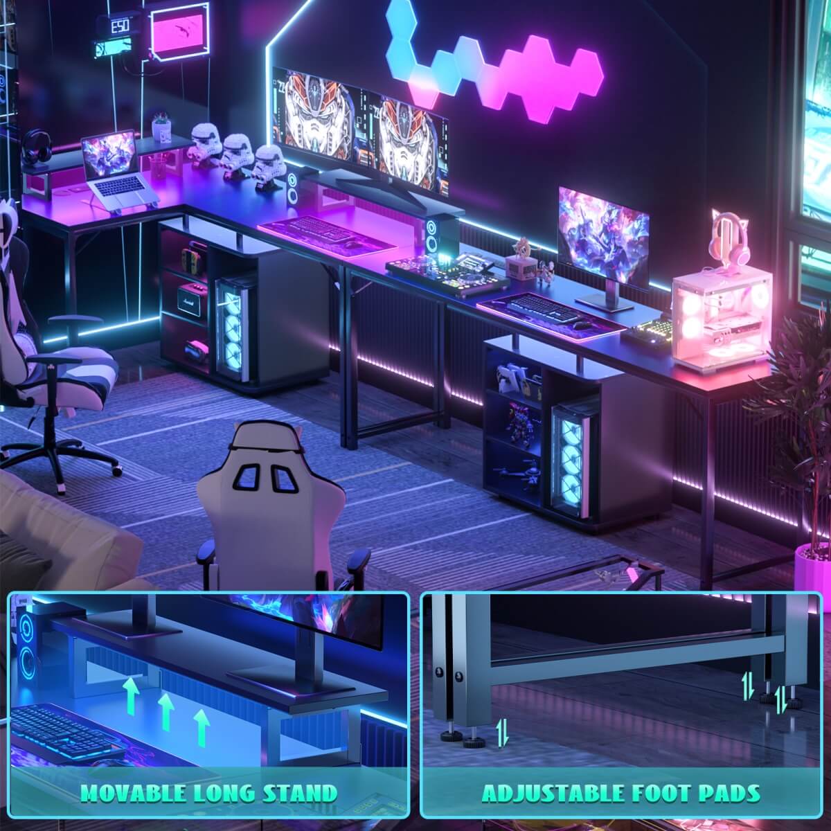 58 Inch Reversible L Shaped Gaming Desk with LED Strip & Adjustable Monitor Stand