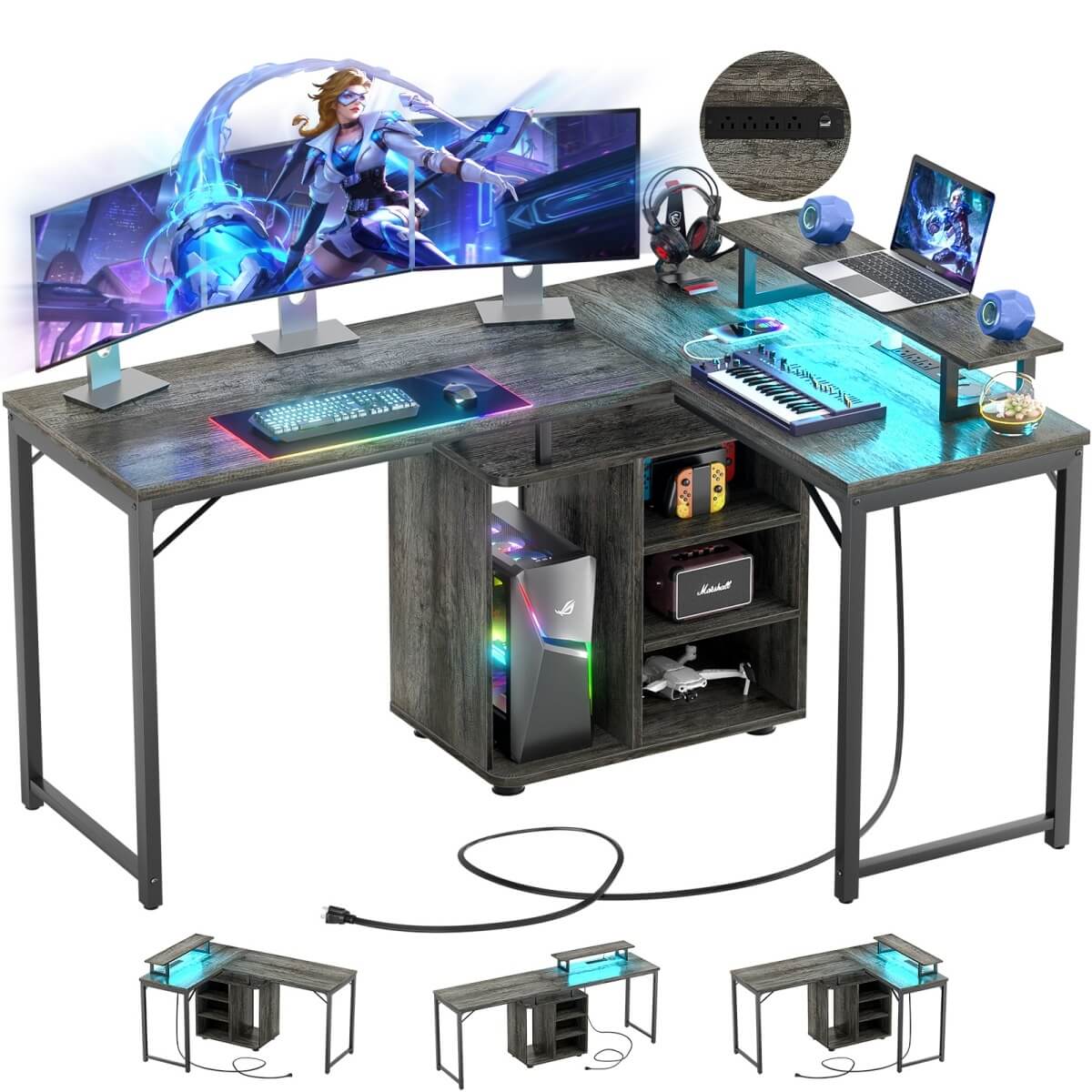 58 Inch Reversible L Shaped Gaming Desk with LED Strip & Adjustable Monitor Stand