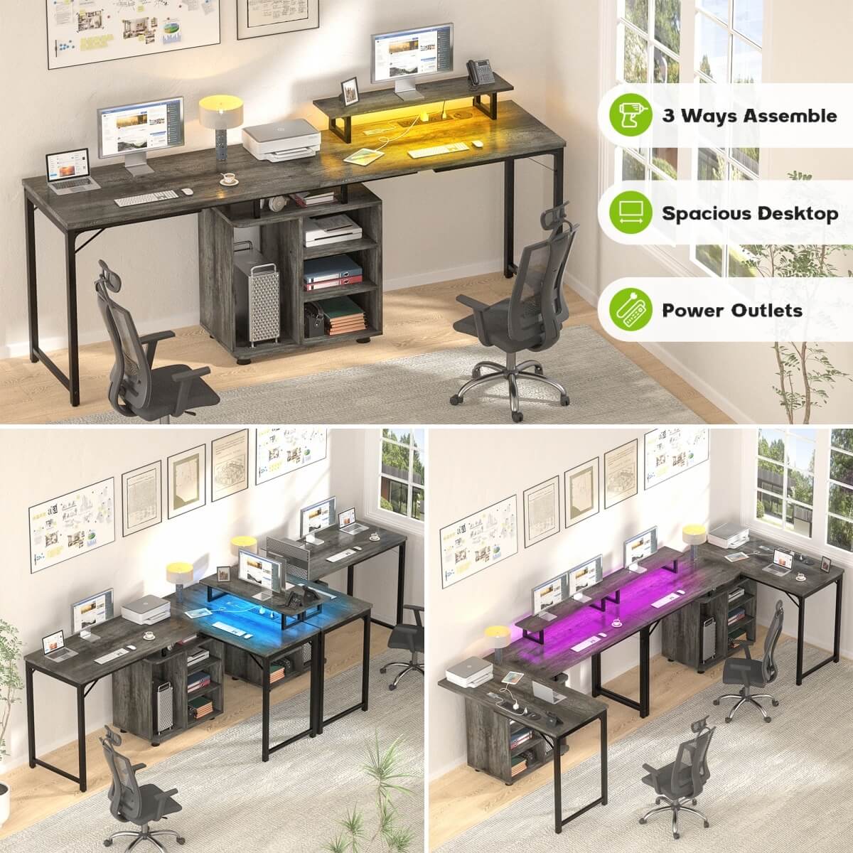 58 Inch Reversible L Shaped Gaming Desk with LED Strip & Adjustable Monitor Stand