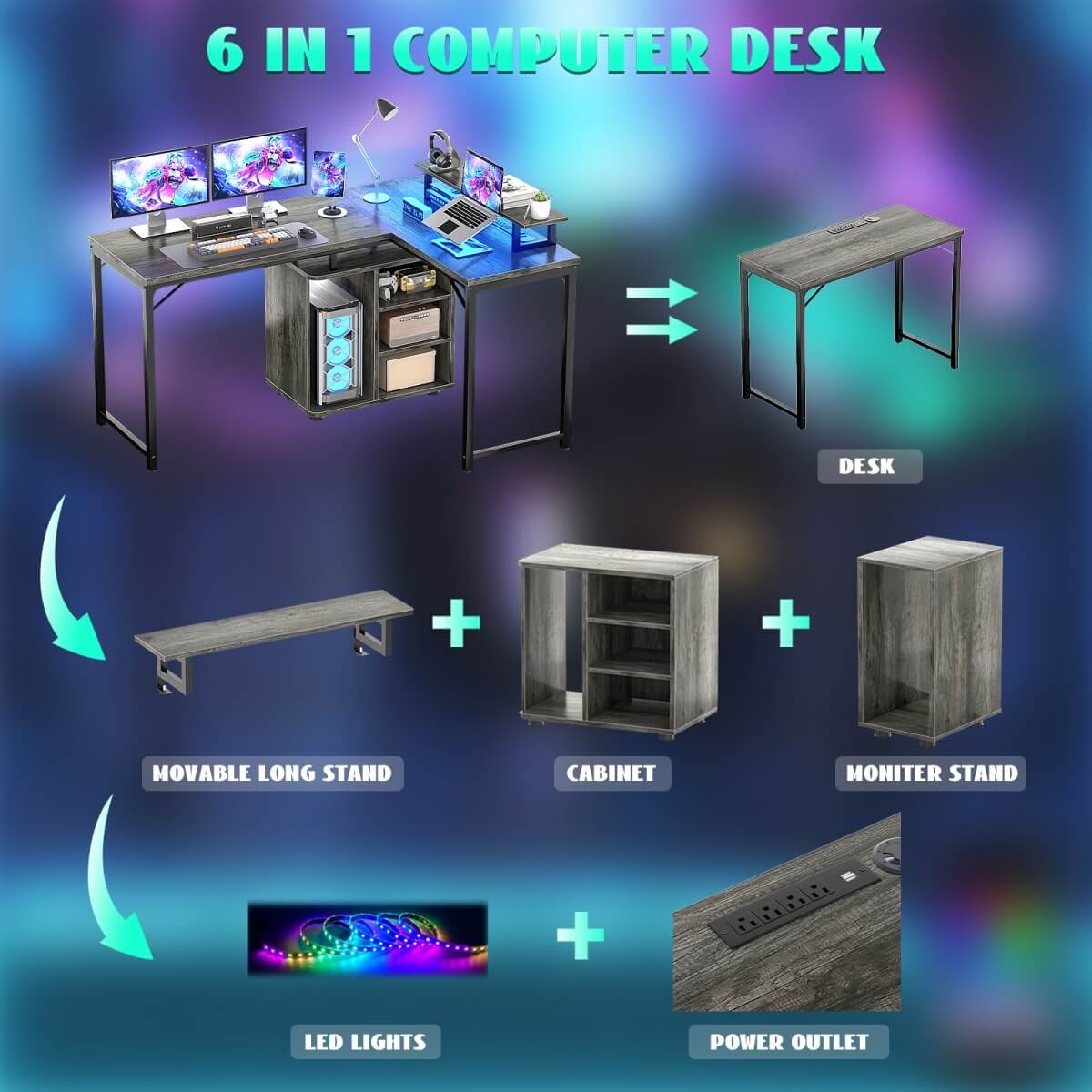 58 Inch Reversible L Shaped Gaming Desk with LED Strip & Adjustable Monitor Stand