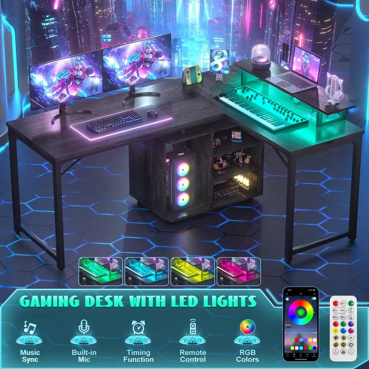 58 Inch Reversible L Shaped Gaming Desk with LED Strip & Adjustable Monitor Stand