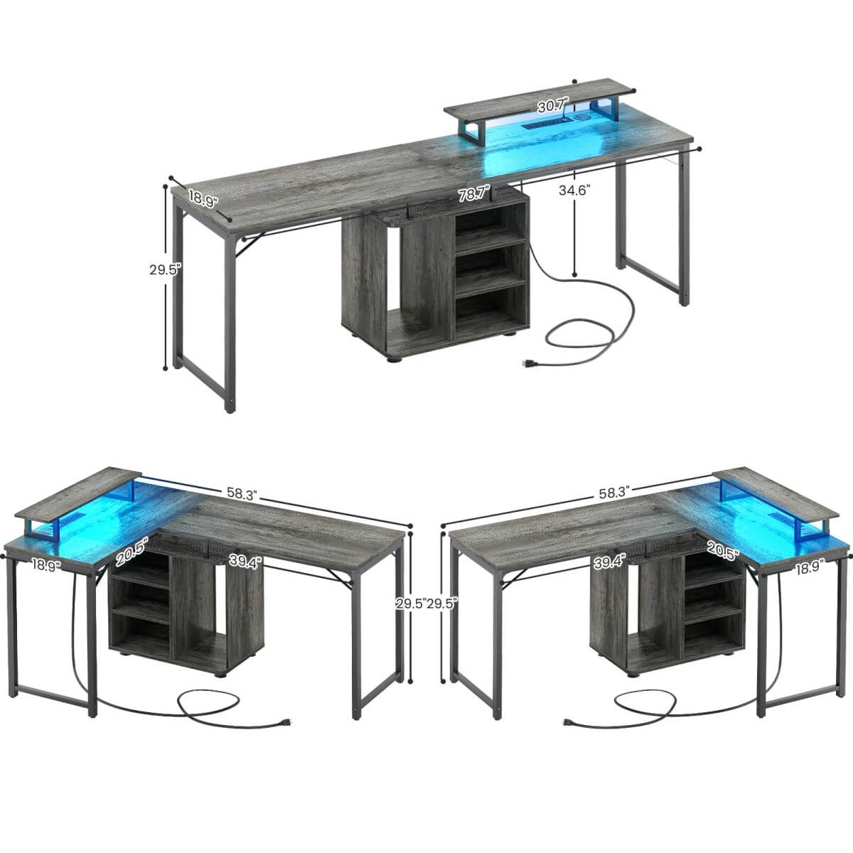 58 Inch Reversible L Shaped Gaming Desk with LED Strip & Adjustable Monitor Stand