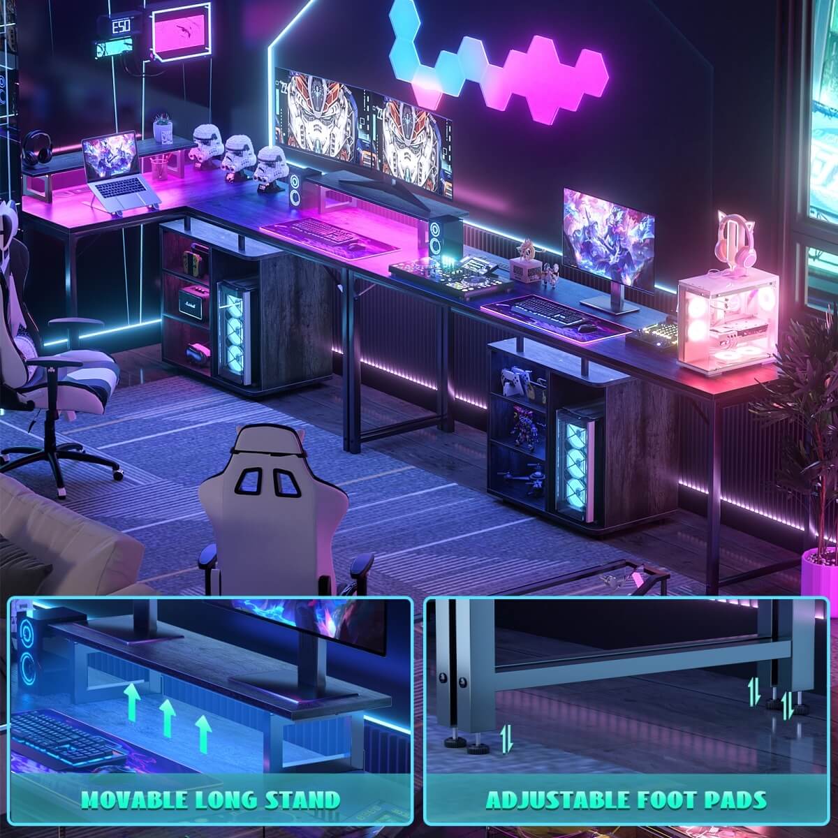 58 Inch Reversible L Shaped Gaming Desk with LED Strip & Adjustable Monitor Stand