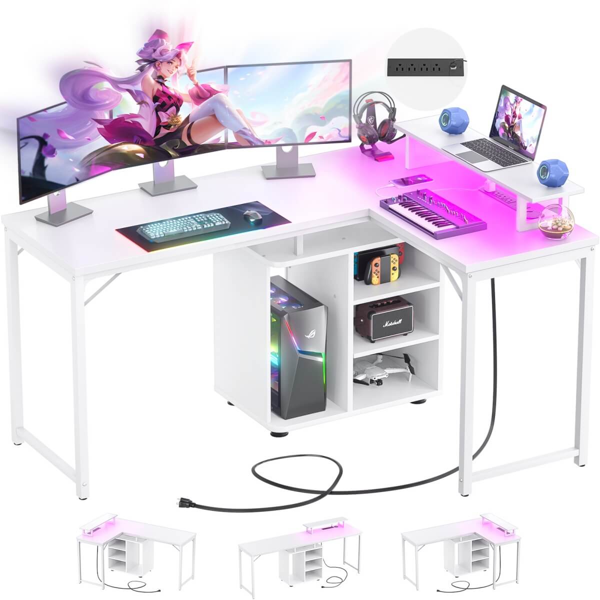 58 Inch Reversible L Shaped Gaming Desk with LED Strip & Adjustable Monitor Stand