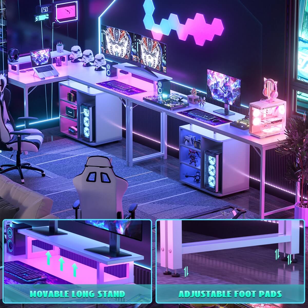 58 Inch Reversible L Shaped Gaming Desk with LED Strip & Adjustable Monitor Stand