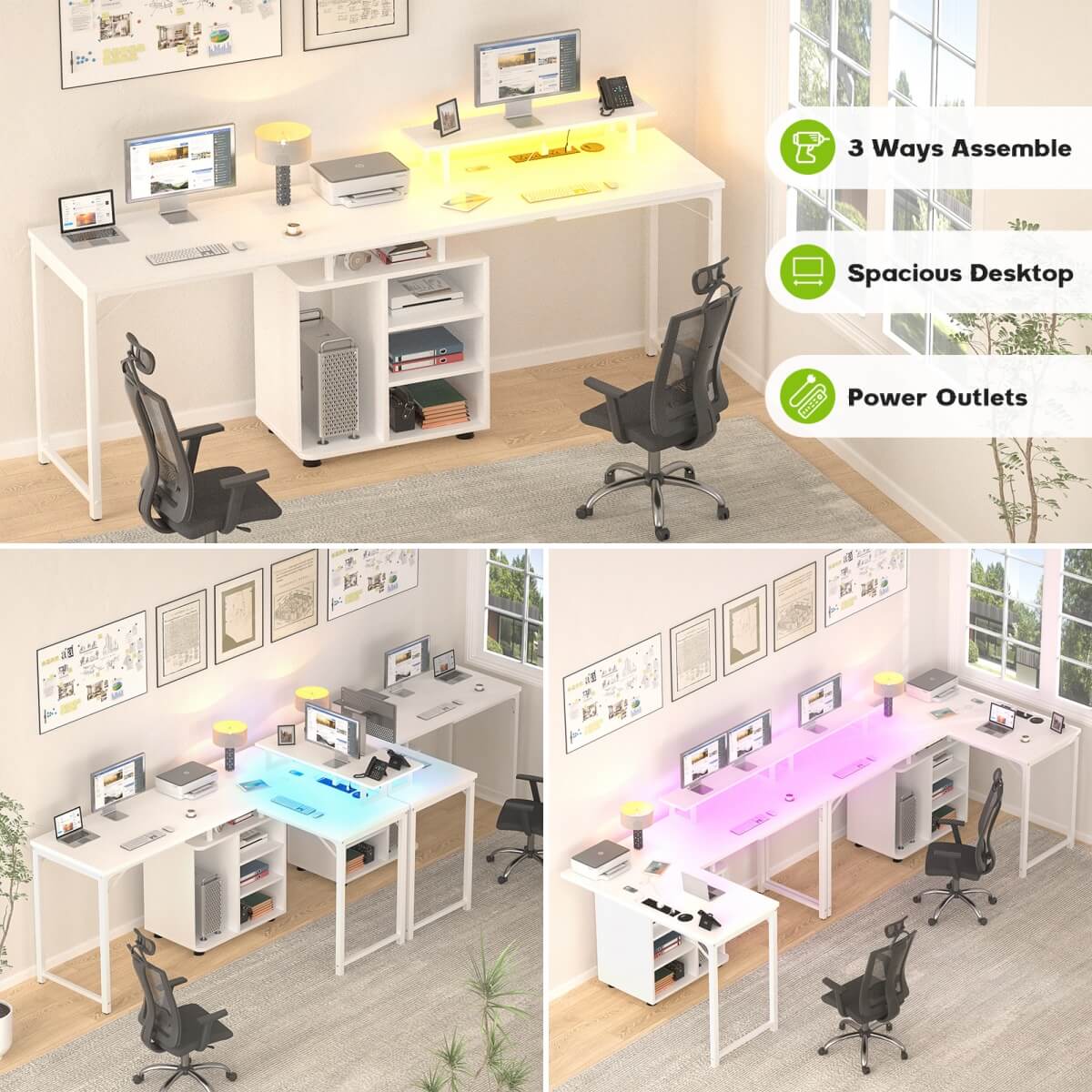 58 Inch Reversible L Shaped Gaming Desk with LED Strip & Adjustable Monitor Stand
