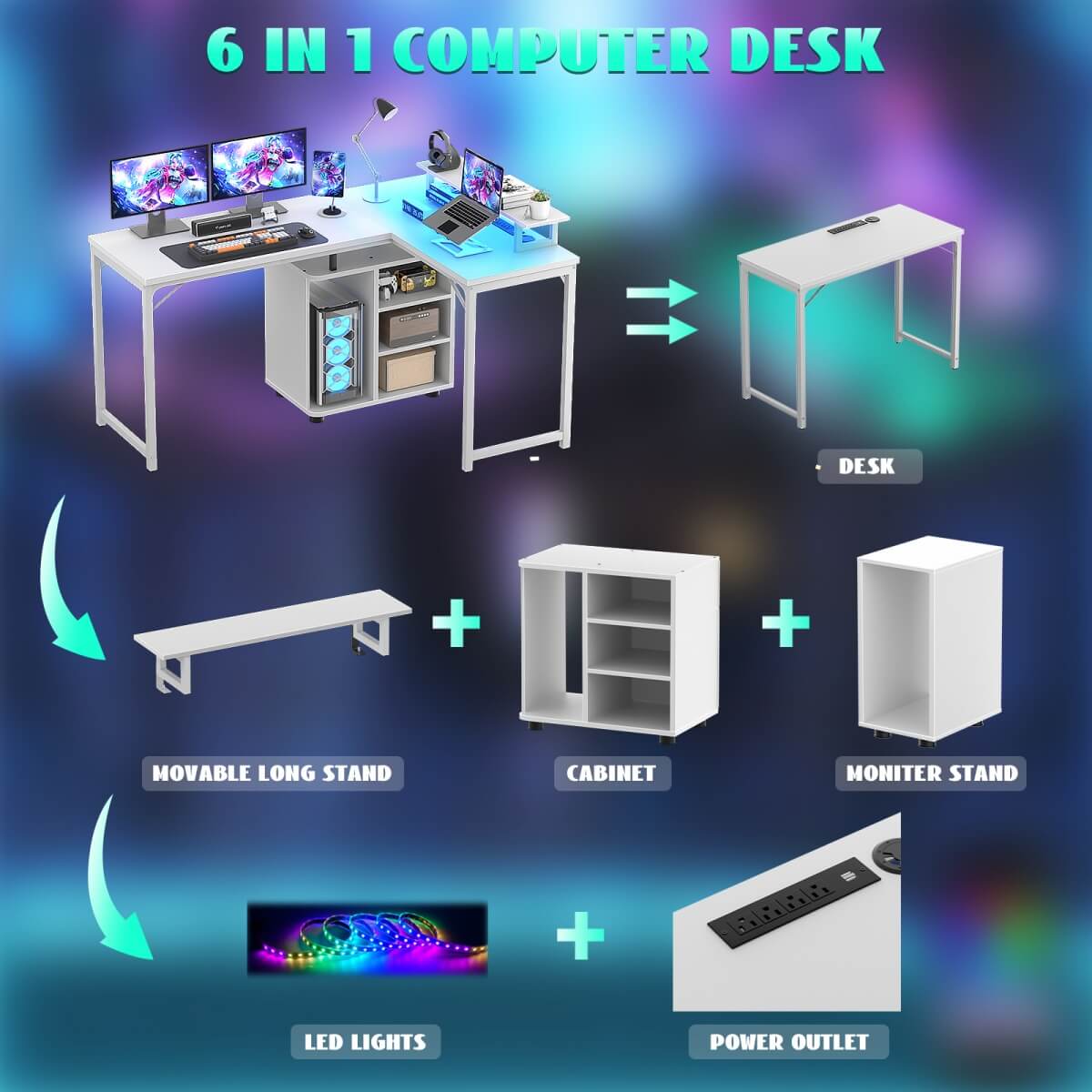 58 Inch Reversible L Shaped Gaming Desk with LED Strip & Adjustable Monitor Stand