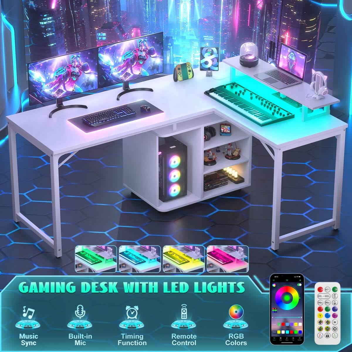 58 Inch Reversible L Shaped Gaming Desk with LED Strip & Adjustable Monitor Stand