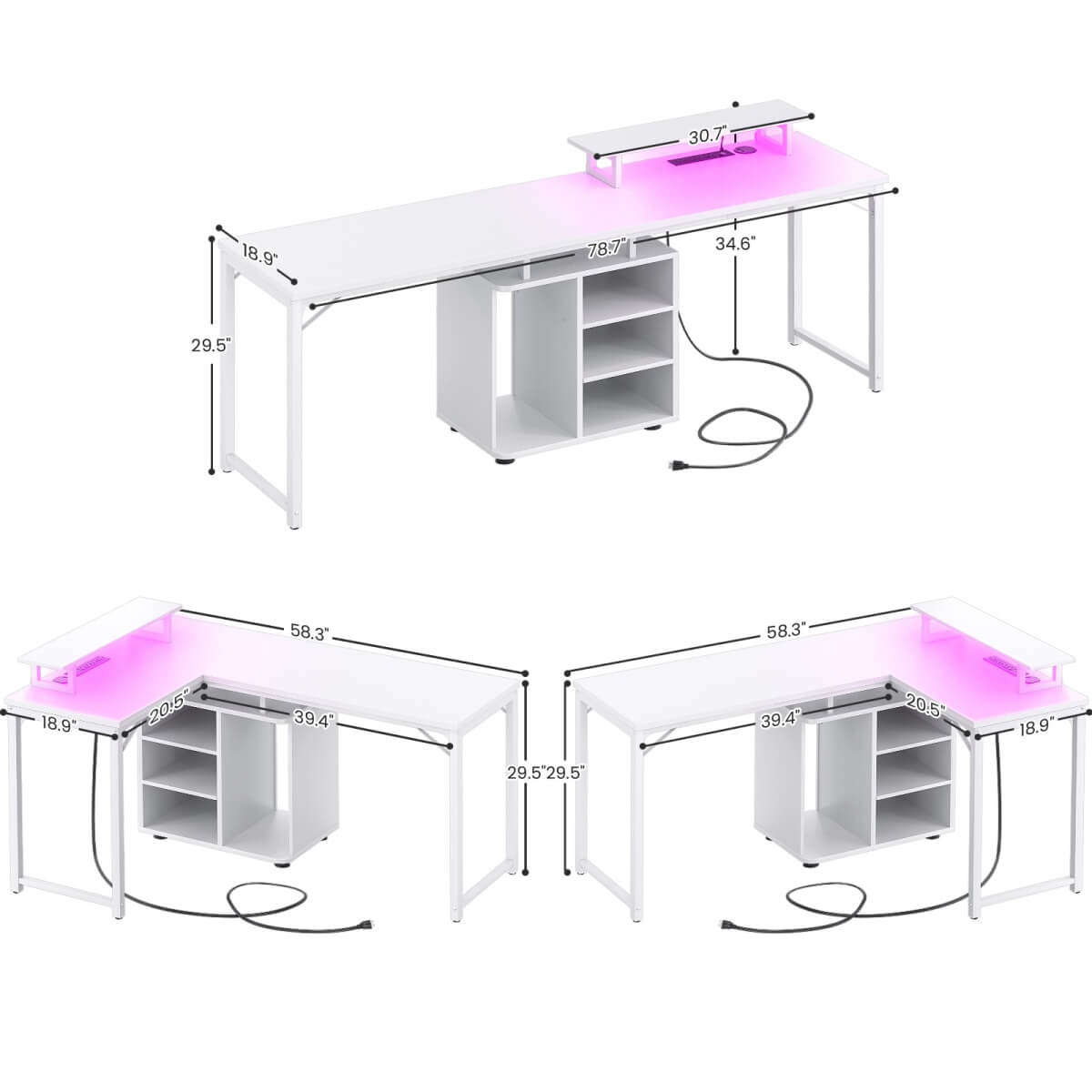 58 Inch Reversible L Shaped Gaming Desk with LED Strip & Adjustable Monitor Stand