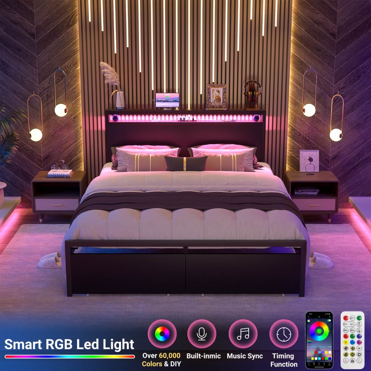 Full Size Platform Bed Frame with Charged Station and LED Strip