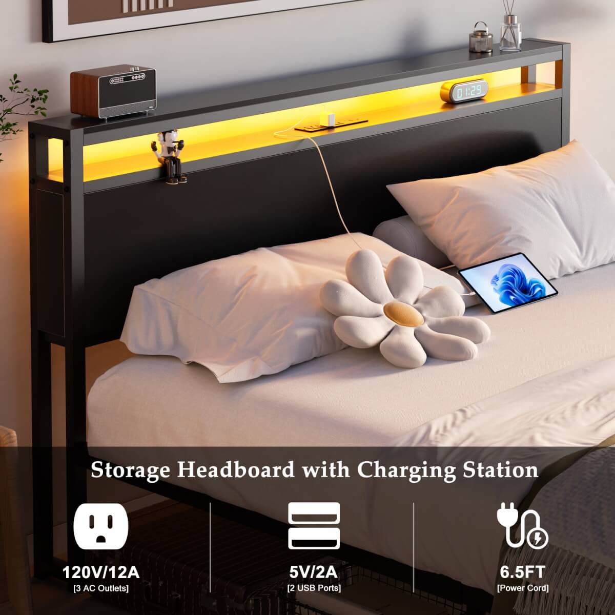 Full Size Platform Bed Frame with Charged Station and LED Strip
