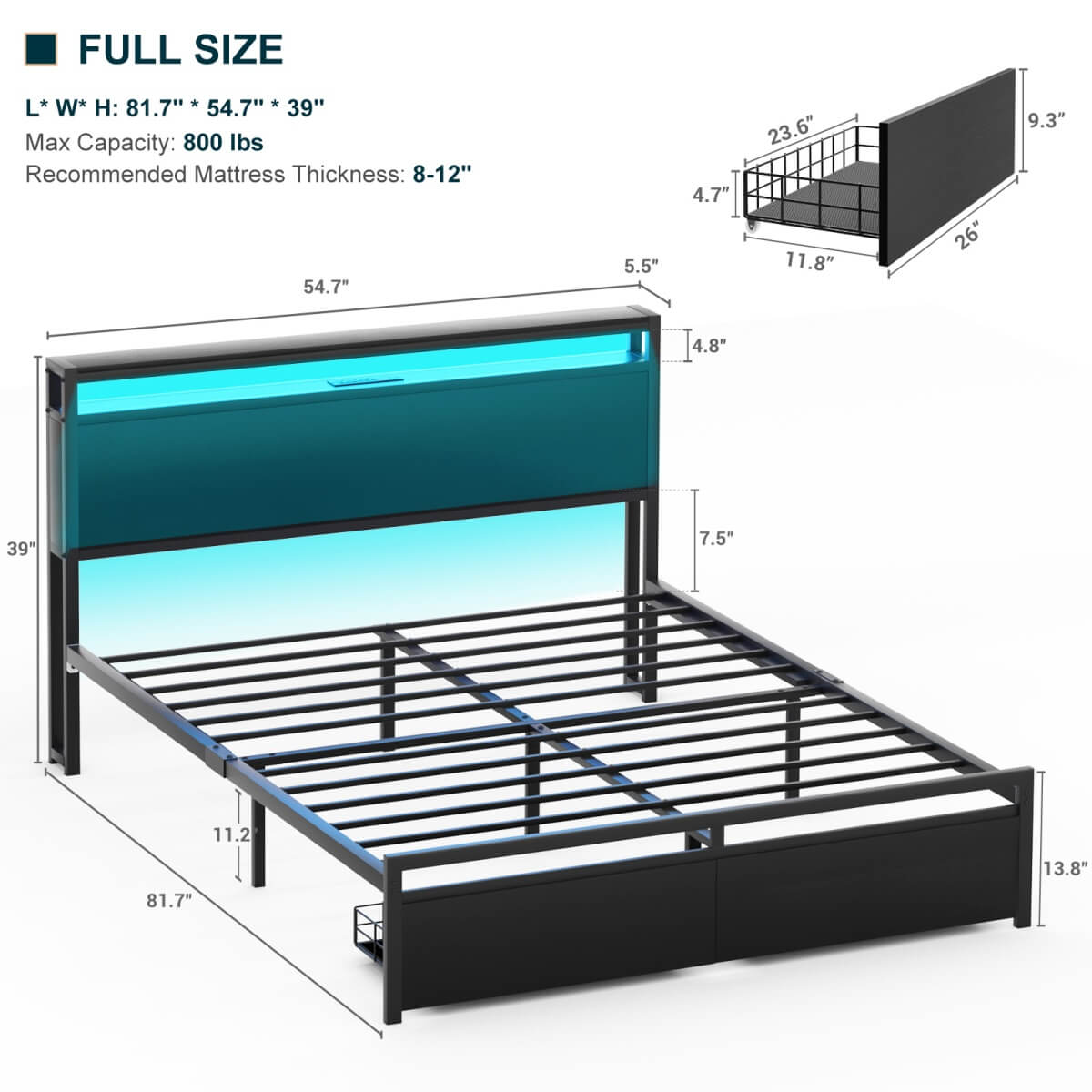 Full Size Platform Bed Frame with Charged Station and LED Strip