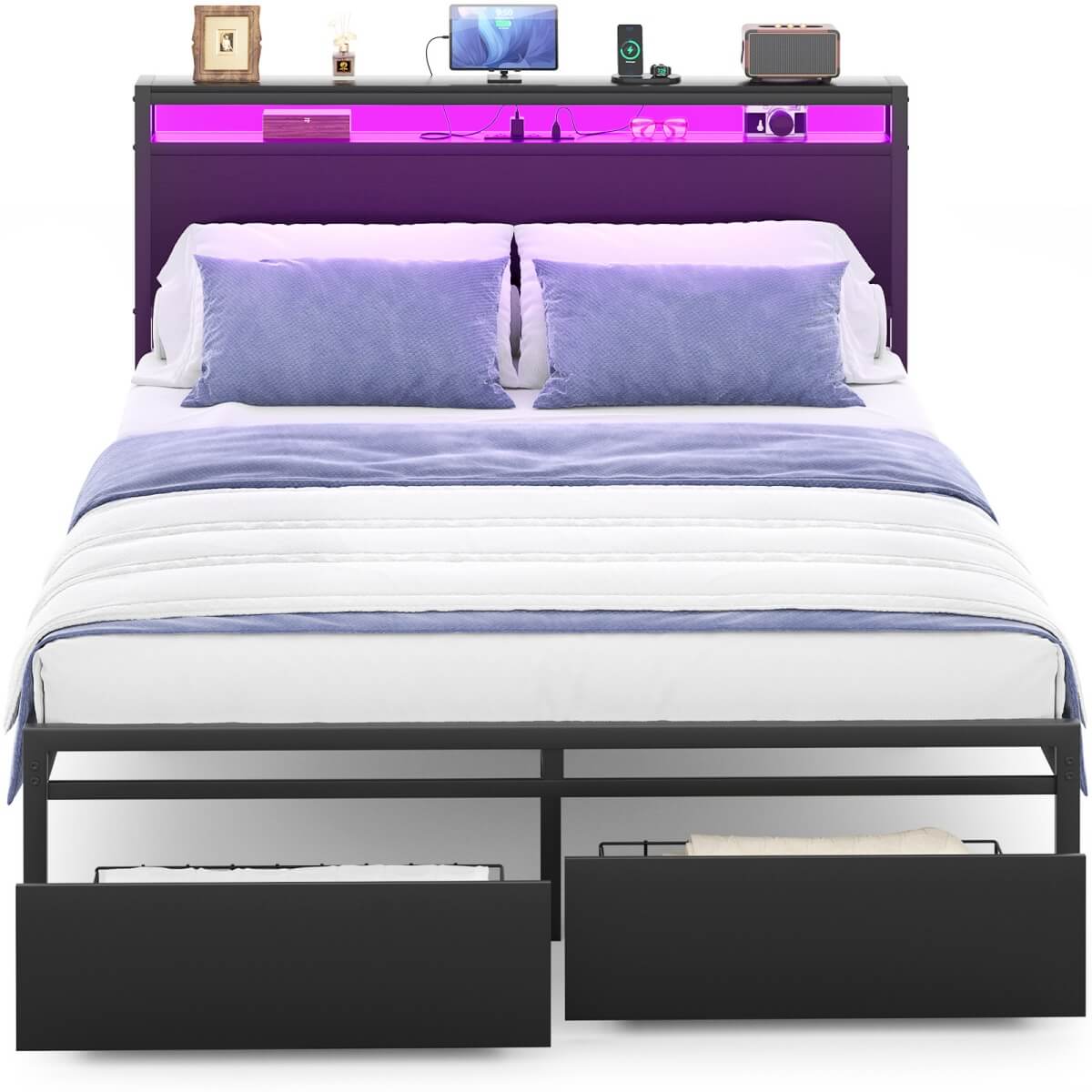 Full Size Platform Bed Frame with Charged Station and LED Strip