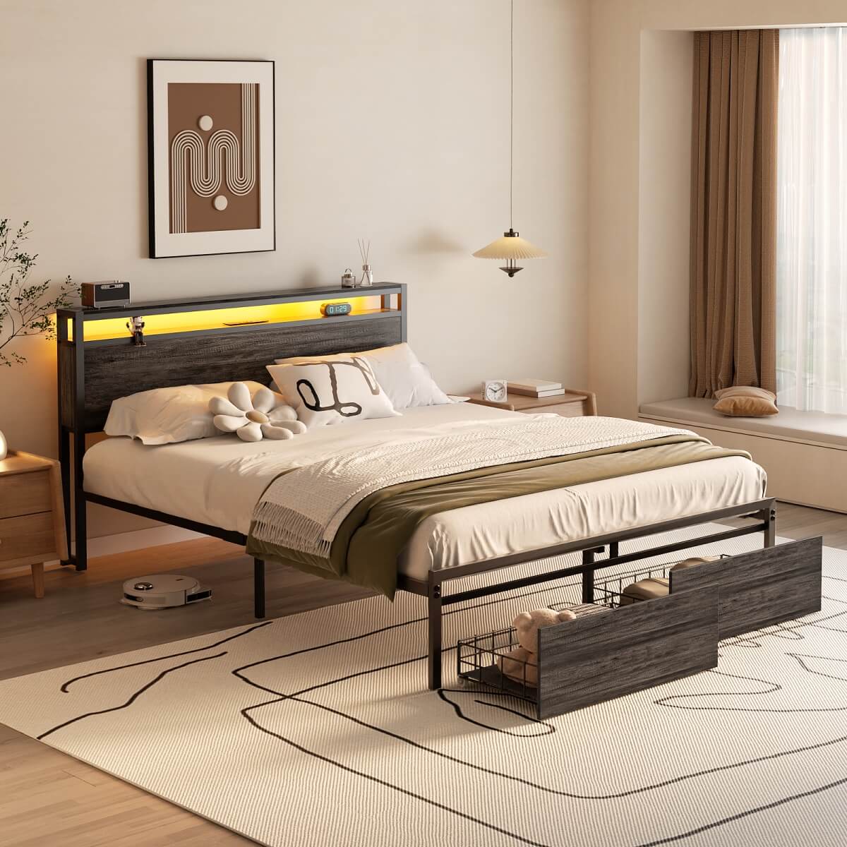 Full Size Platform Bed Frame with Charged Station and LED Strip