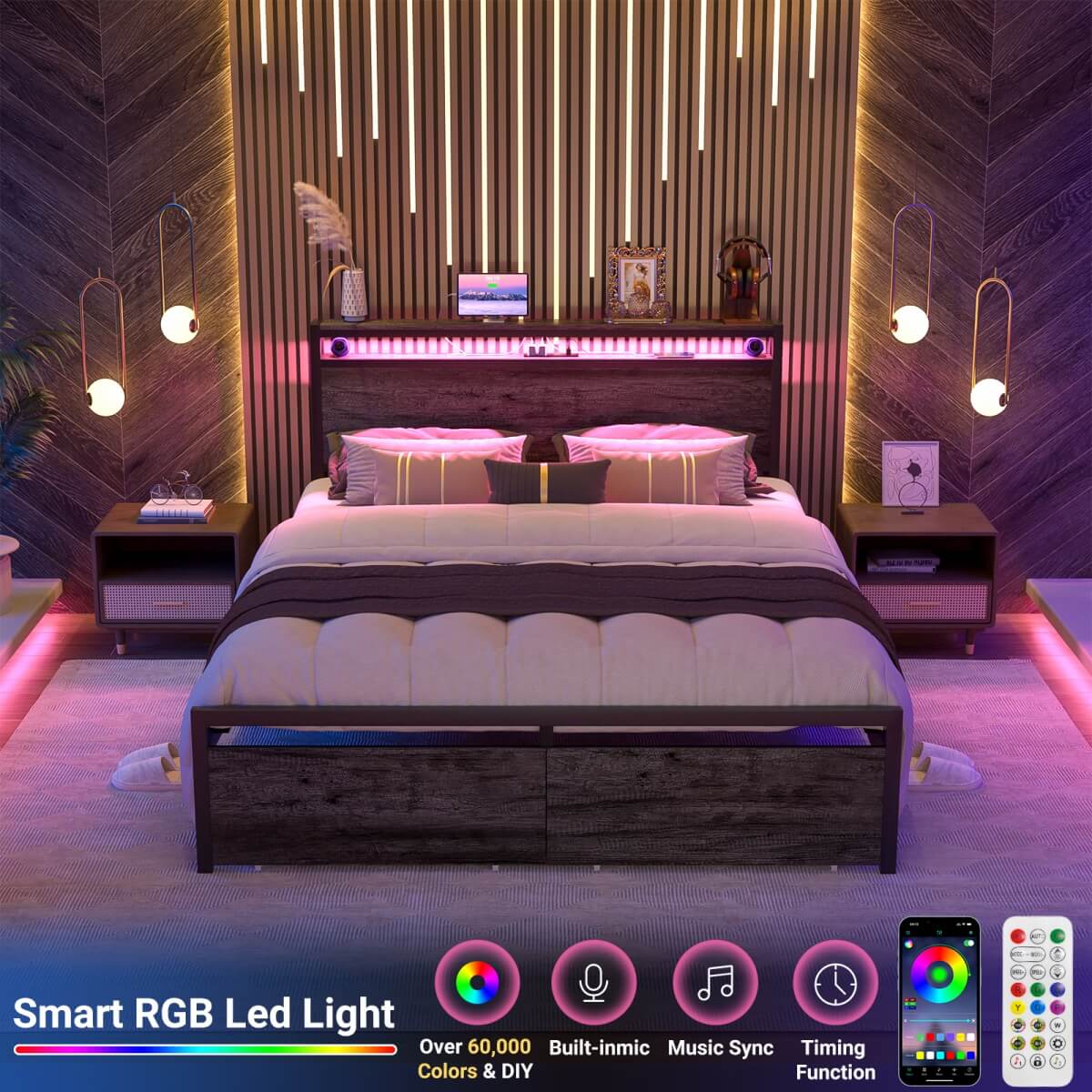 Full Size Platform Bed Frame with Charged Station and LED Strip