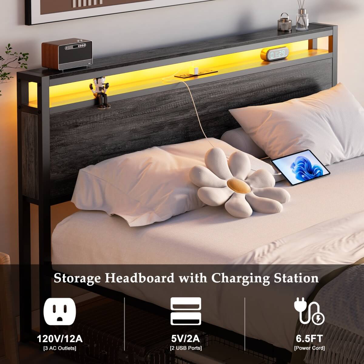 Full Size Platform Bed Frame with Charged Station and LED Strip