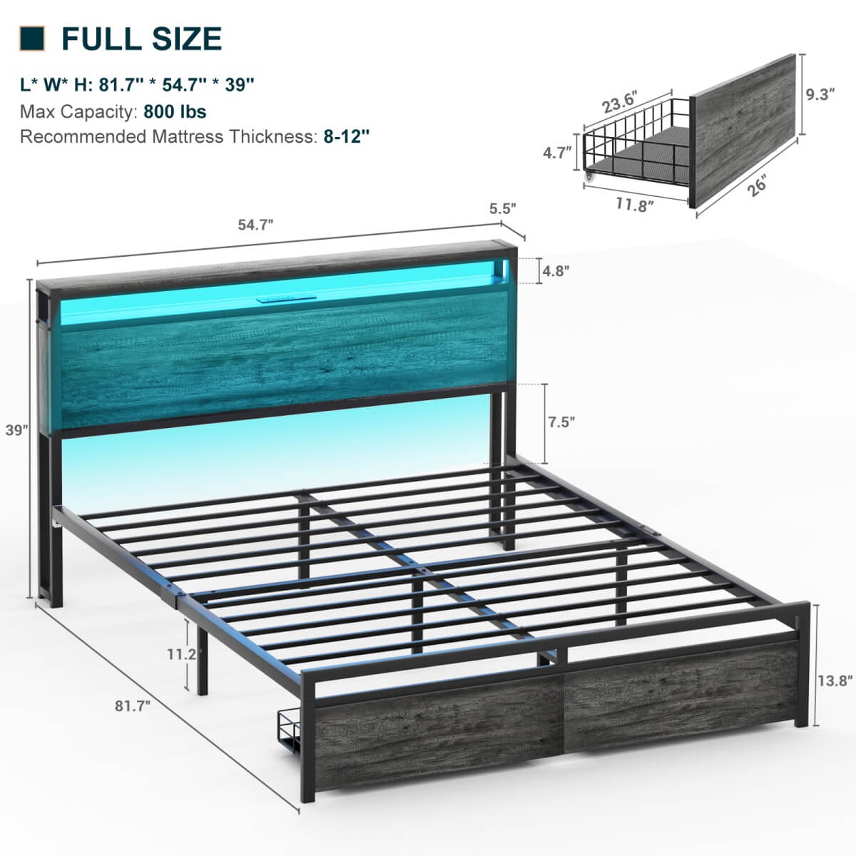 Full Size Platform Bed Frame with Charged Station and LED Strip
