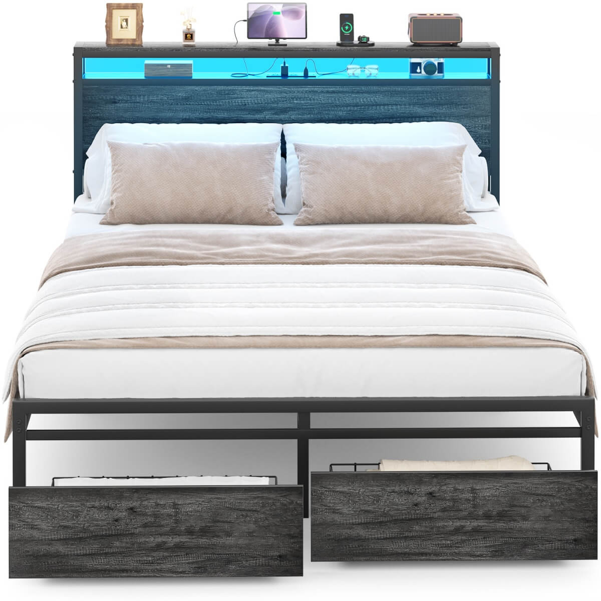 Full Size Platform Bed Frame with Charged Station and LED Strip