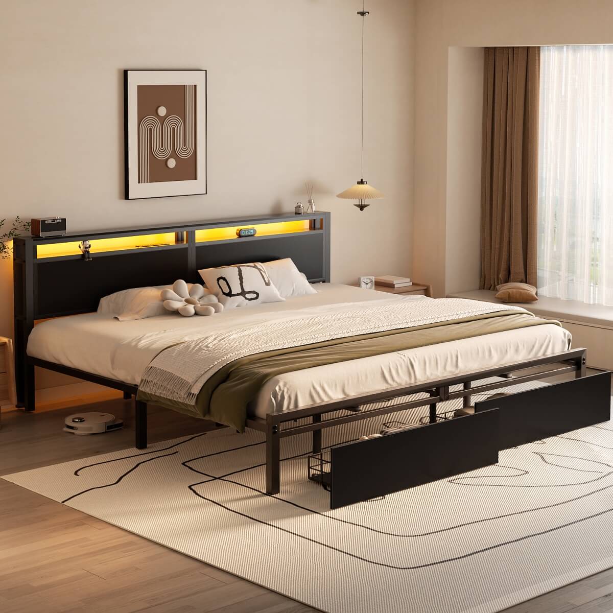 King Size Platform Bed Frame with Charged Station and LED Strip