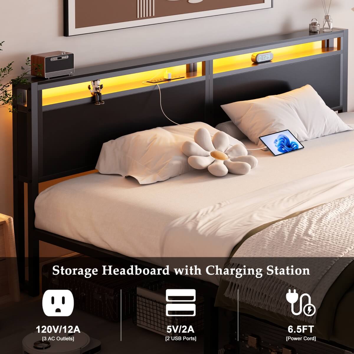 King Size Platform Bed Frame with Charged Station and LED Strip