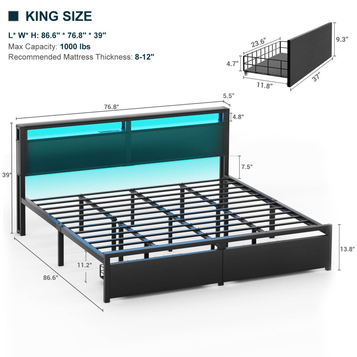 King Size Platform Bed Frame with Charged Station and LED Strip