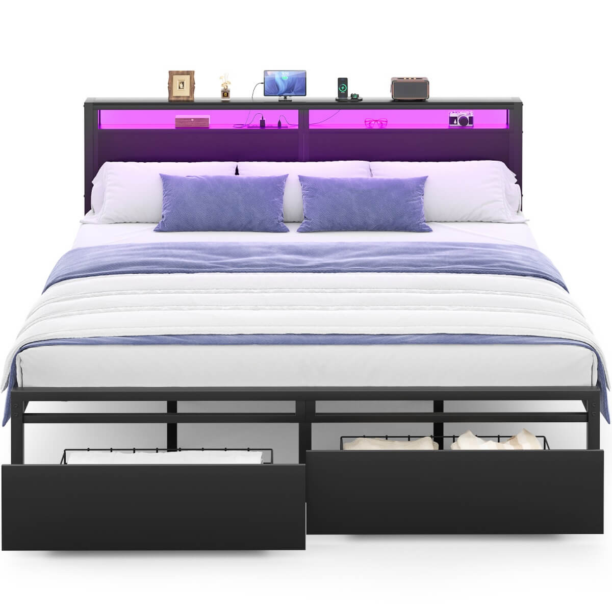 King Size Platform Bed Frame with Charged Station and LED Strip