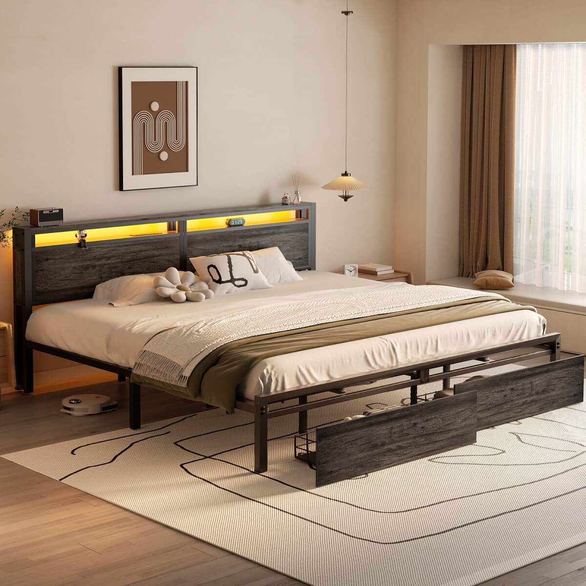 King Size Platform Bed Frame with Charged Station and LED Strip