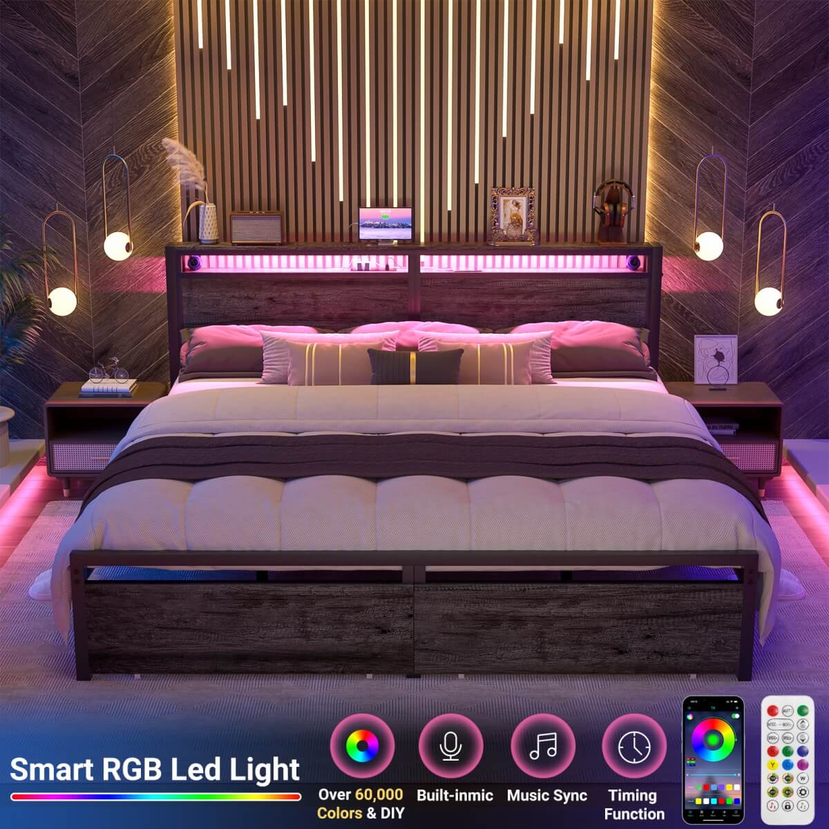 King Size Platform Bed Frame with Charged Station and LED Strip