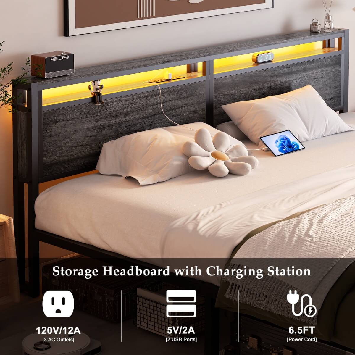 King Size Platform Bed Frame with Charged Station and LED Strip