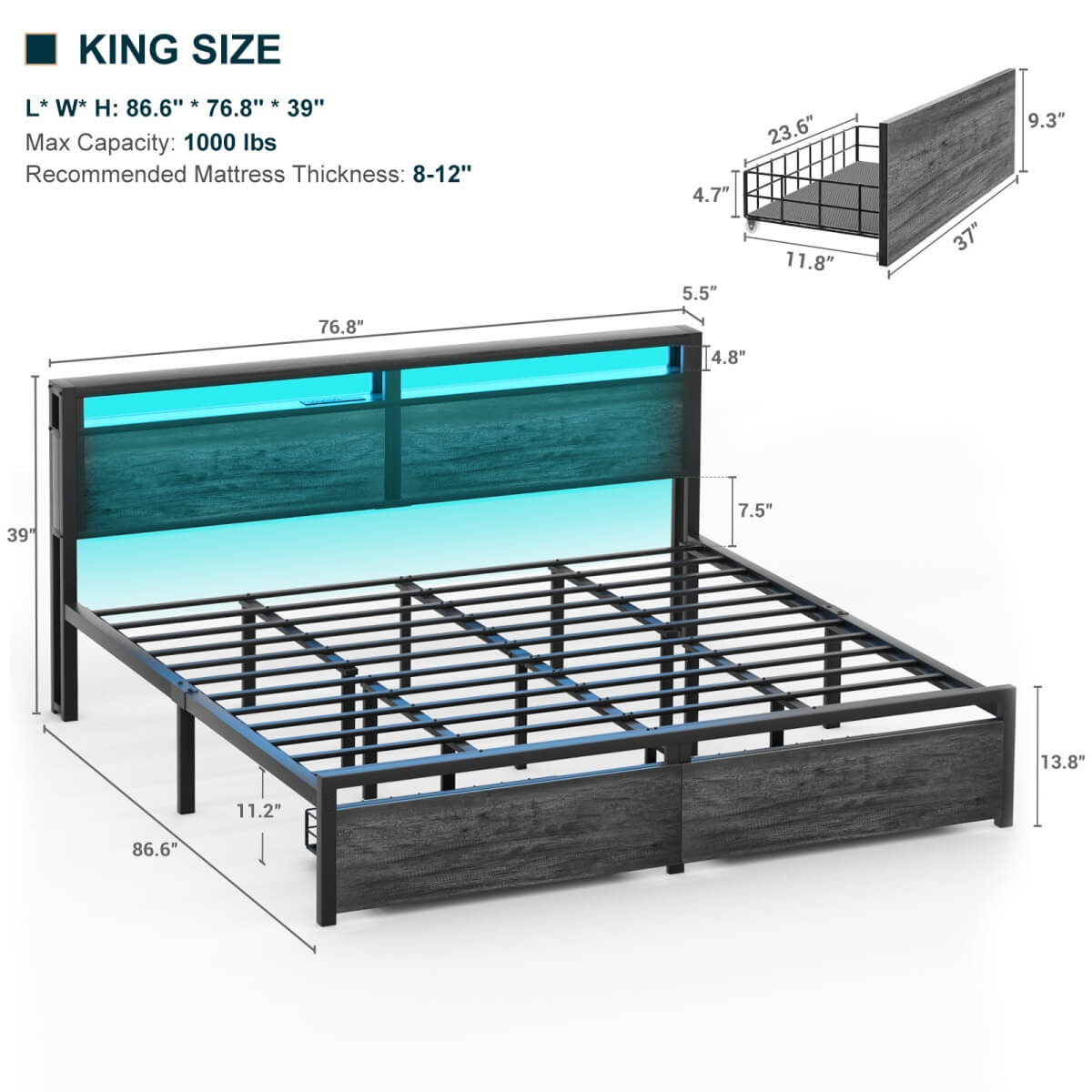 King Size Platform Bed Frame with Charged Station and LED Strip