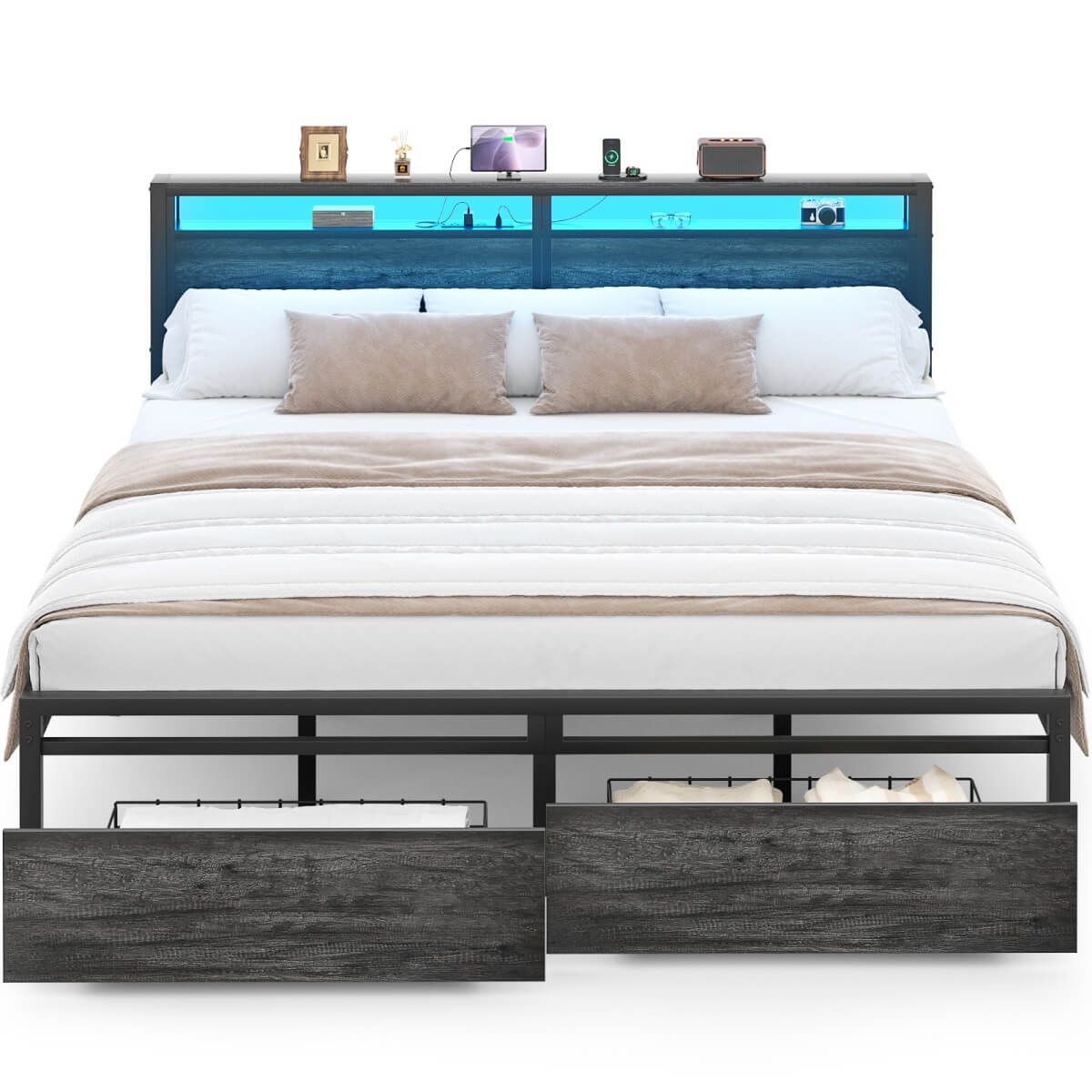 King Size Platform Bed Frame with Charged Station and LED Strip