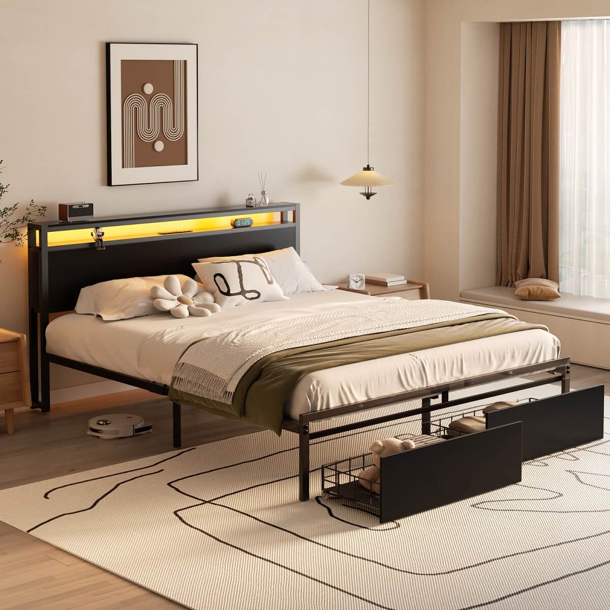 Queen Size Platform Bed Frame with Charged Station and LED Strip