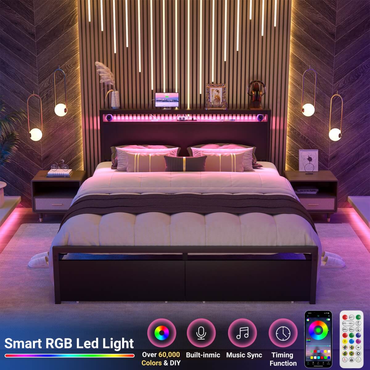 Queen Size Platform Bed Frame with Charged Station and LED Strip