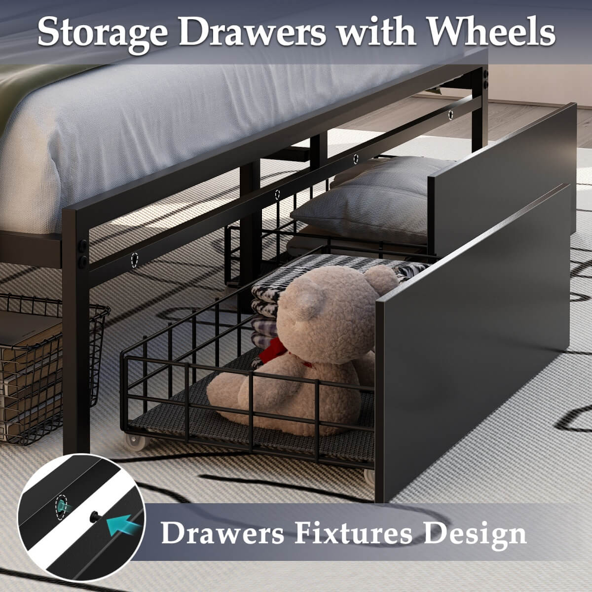 Queen Size Platform Bed Frame with Charged Station and LED Strip